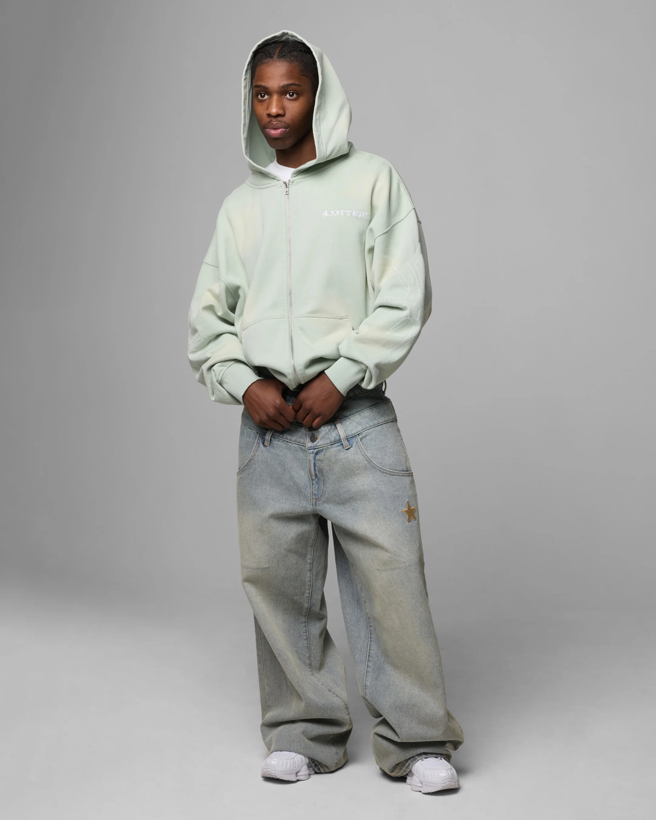 Loiter Atmosphere Full Zip Hoodie Washed Green - Image 3
