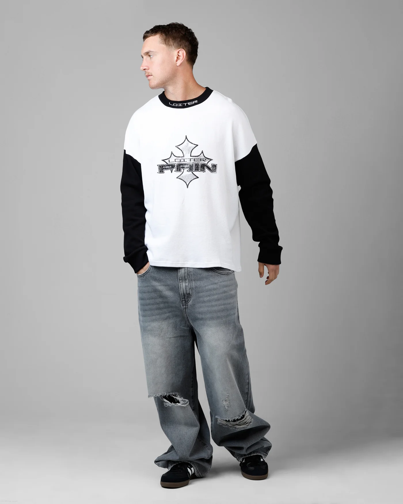 Biome Waffle Long Sleeve T-Shirt White/Black - Image 3