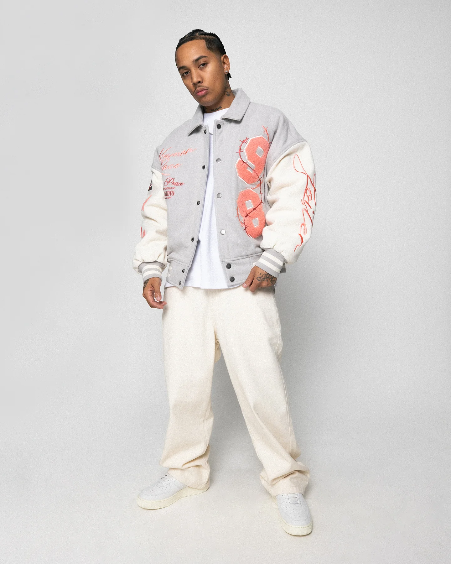 Loiter Flower Varsity Jacket Light Grey/Off White - Image 3