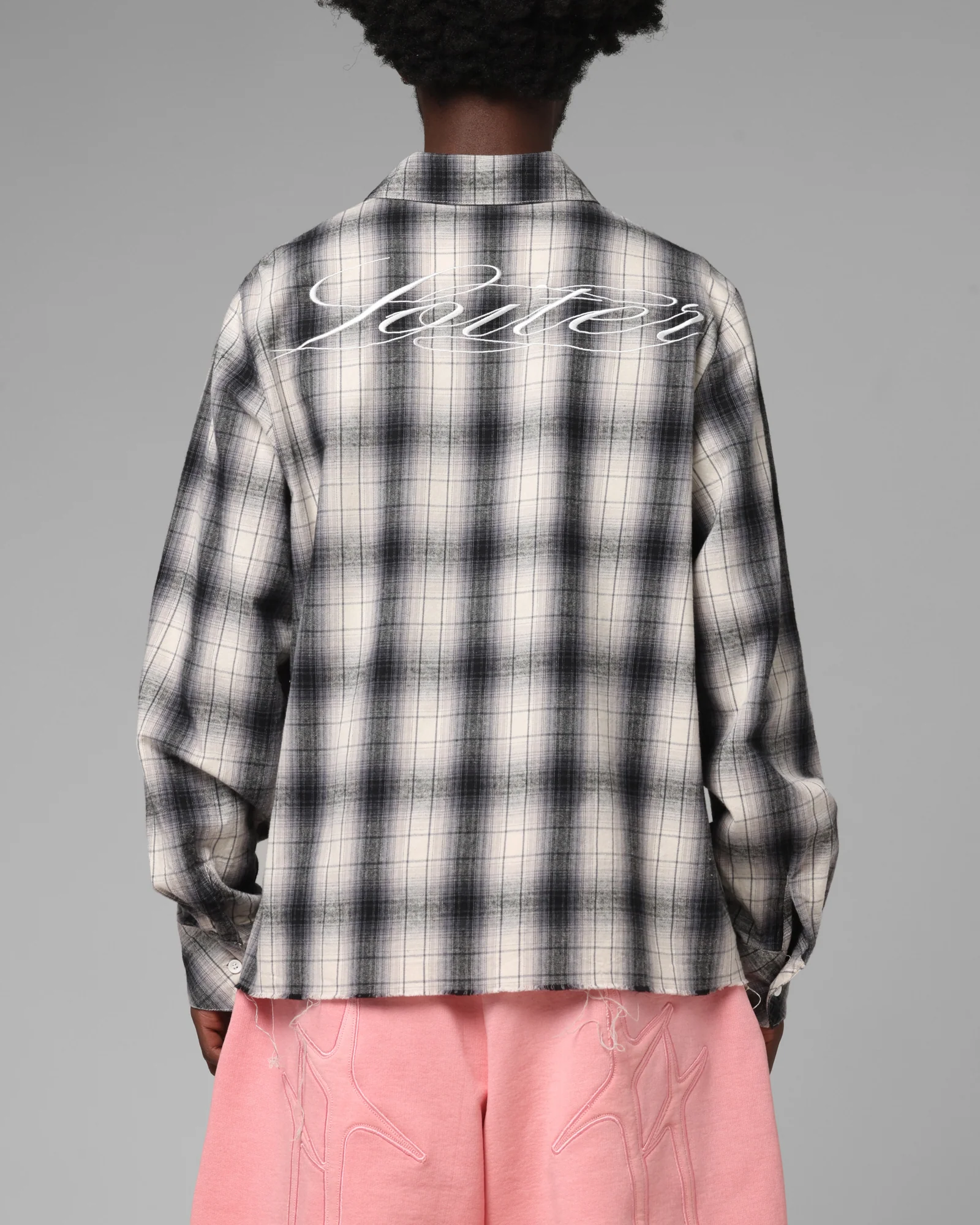 Loiter Heaven Distressed Flannel Button Up Shirt Black/White - Image 2