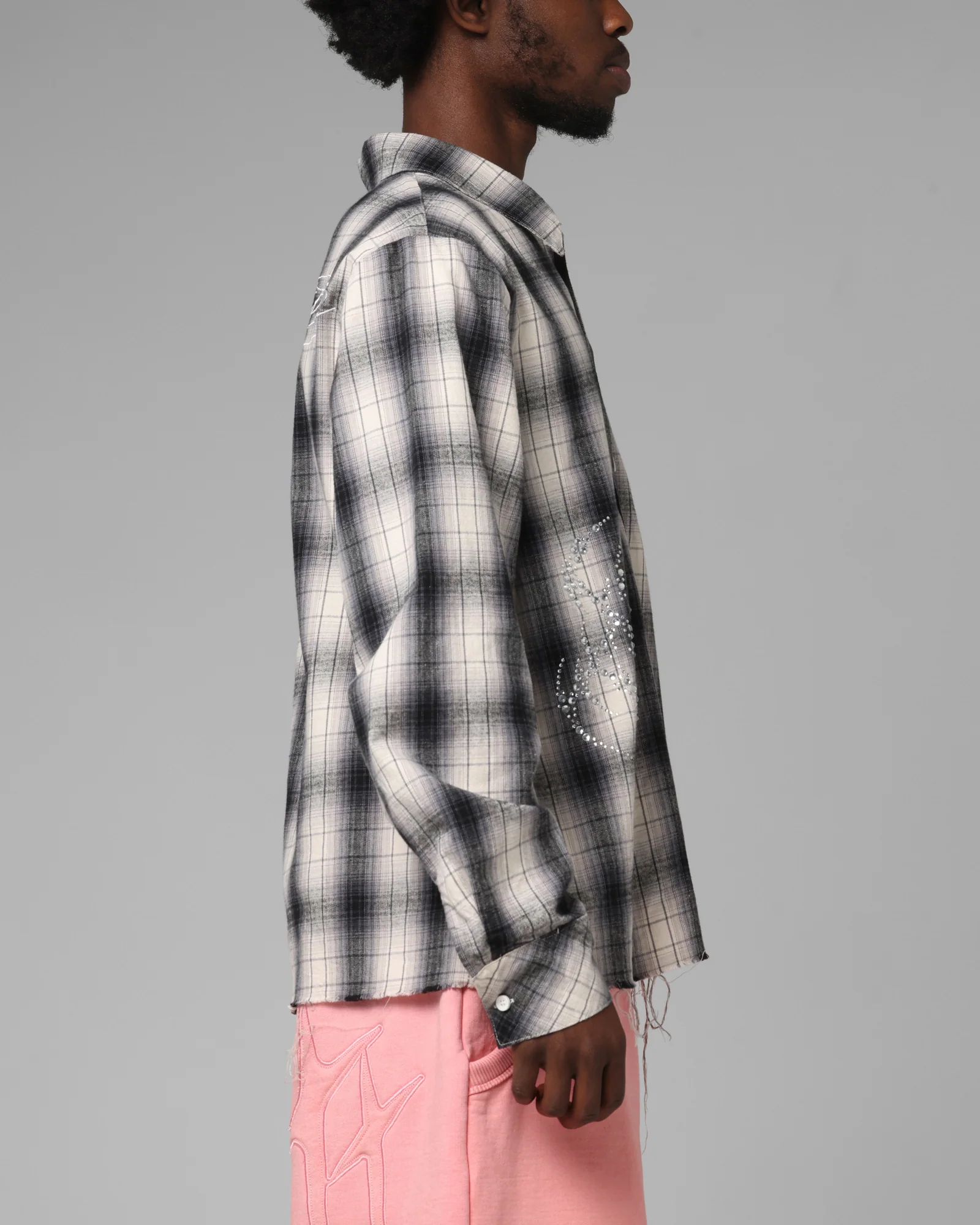Loiter Heaven Distressed Flannel Button Up Shirt Black/White - Image 5