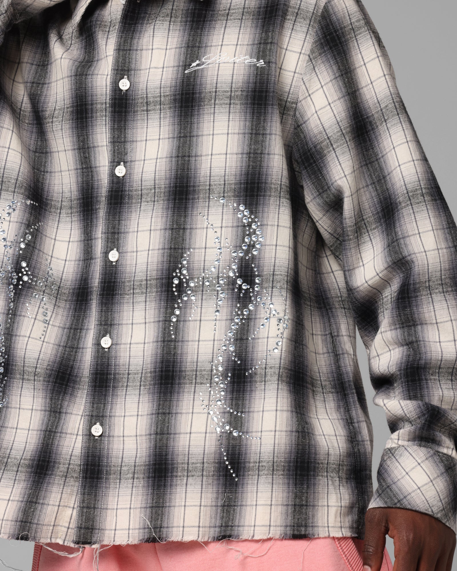 Loiter Heaven Distressed Flannel Button Up Shirt Black/White - Image 7