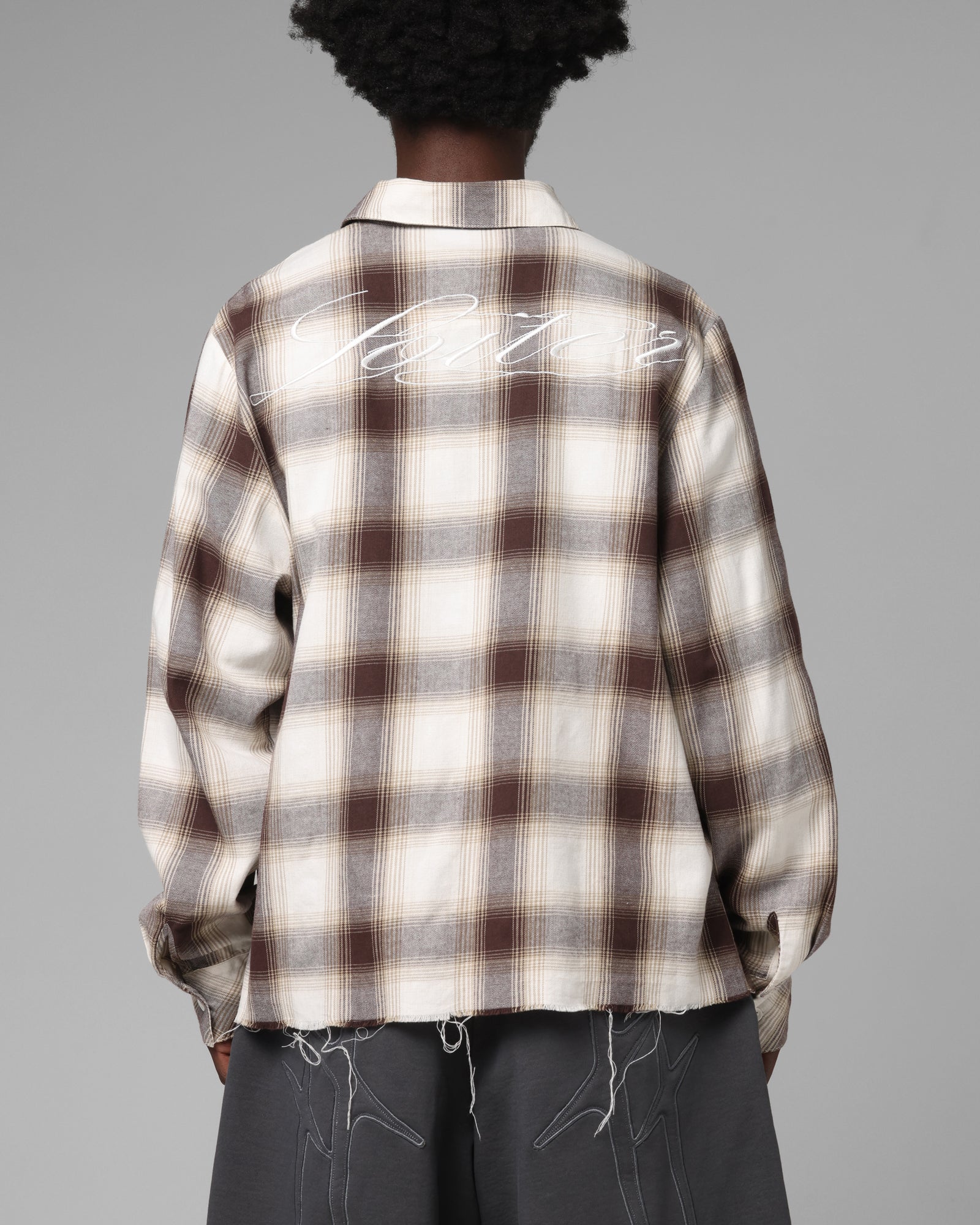 Loiter Heaven Distressed Flannel Button Up Shirt Brown/Beige - Image 2