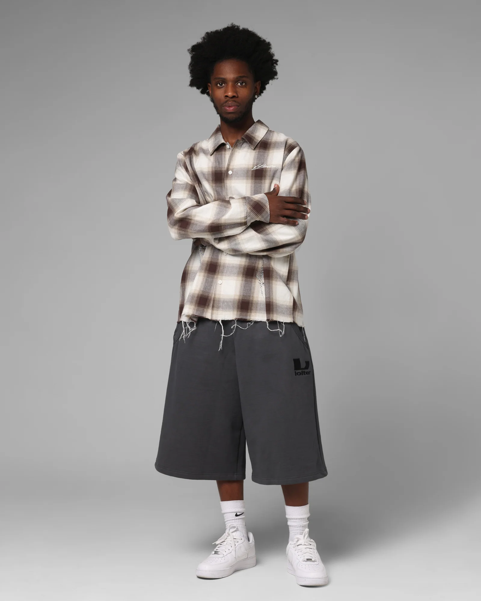 Loiter Heaven Distressed Flannel Button Up Shirt Brown/Beige - Image 3