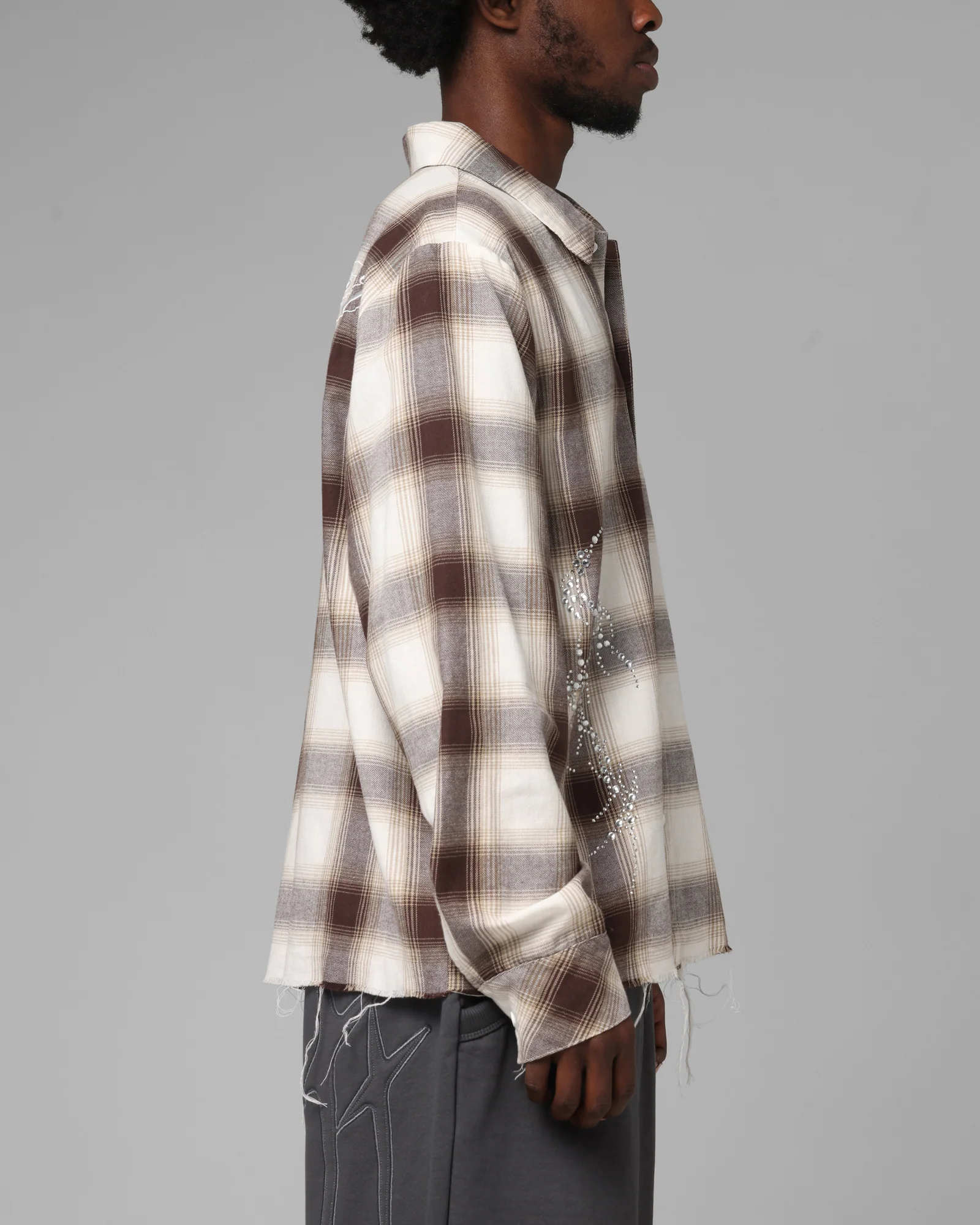 Loiter Heaven Distressed Flannel Button Up Shirt Brown/Beige - Image 5