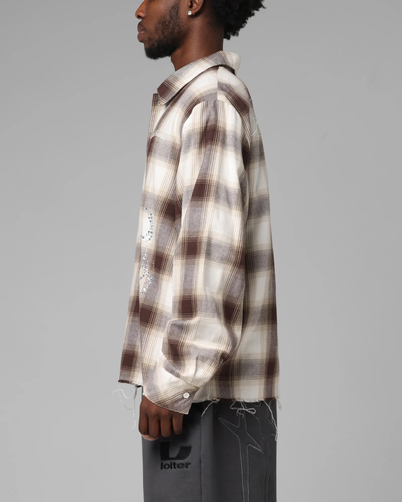 Loiter Heaven Distressed Flannel Button Up Shirt Brown/Beige - Image 6