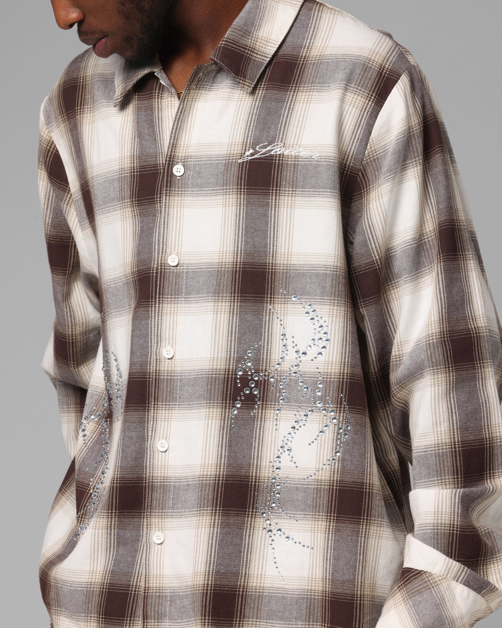 Loiter Heaven Distressed Flannel Button Up Shirt Brown/Beige - Image 7
