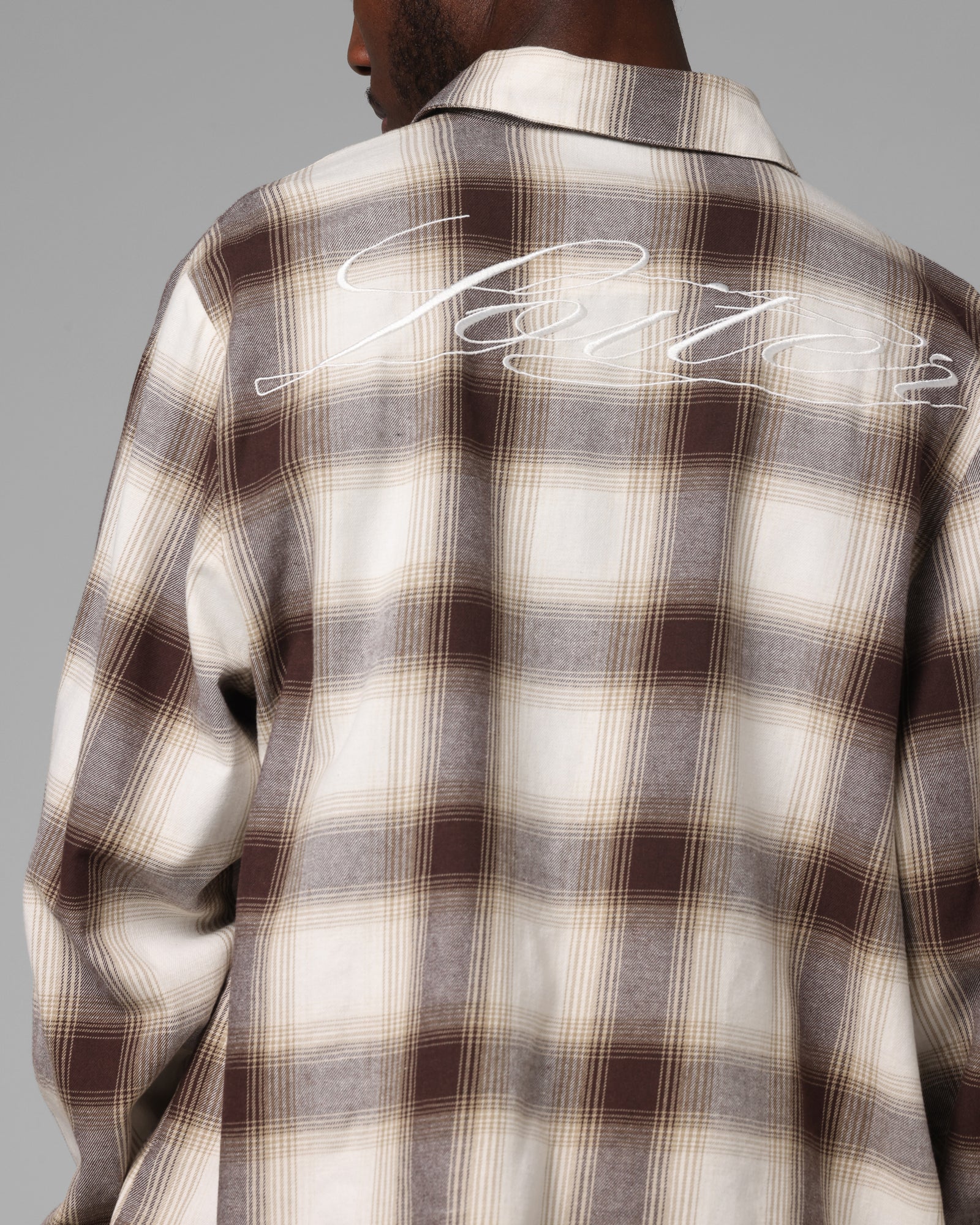 Loiter Heaven Distressed Flannel Button Up Shirt Brown/Beige - Image 8