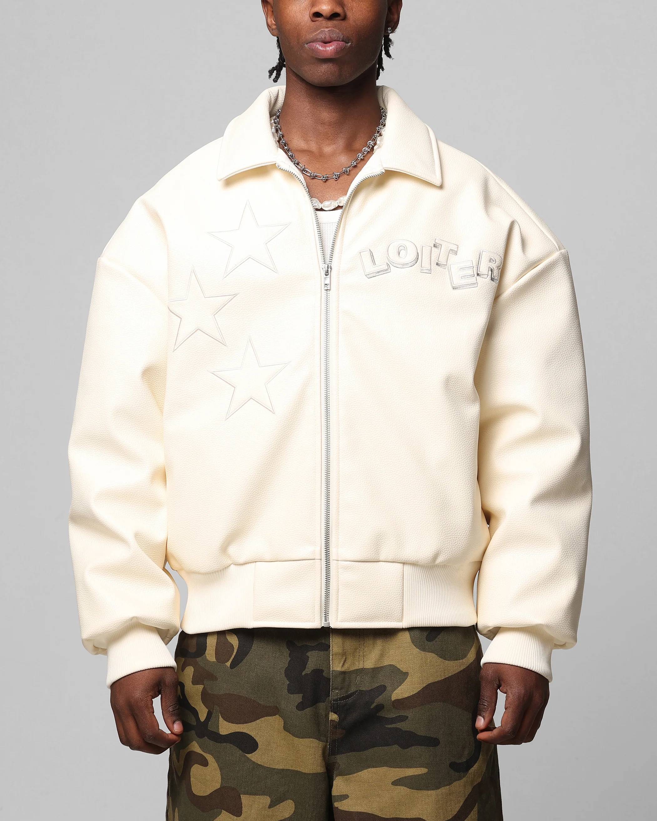 Loiter Solar Vegan Leather Varsity Jacket Beige - Image 2