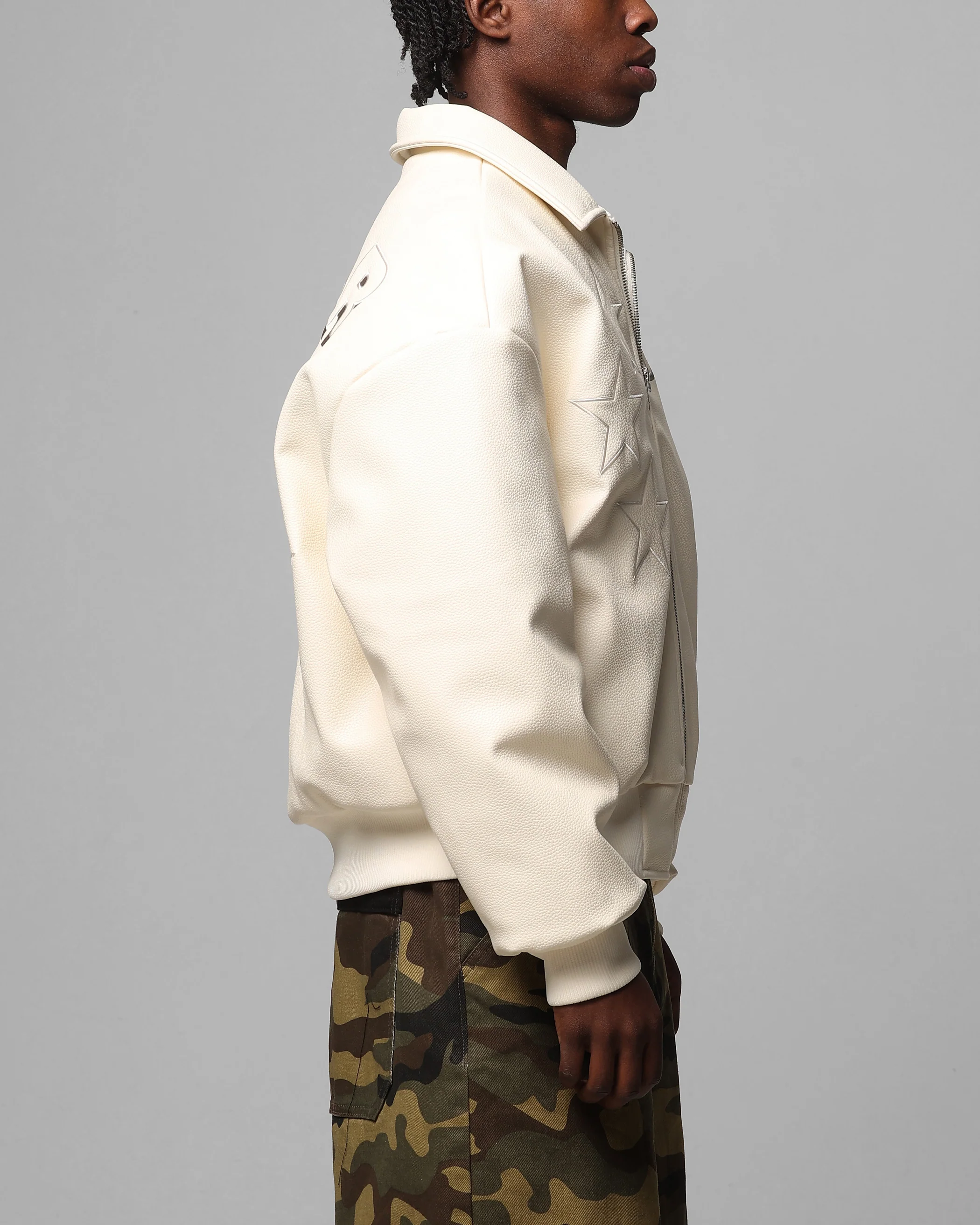 Loiter Solar Vegan Leather Varsity Jacket Beige - Image 5