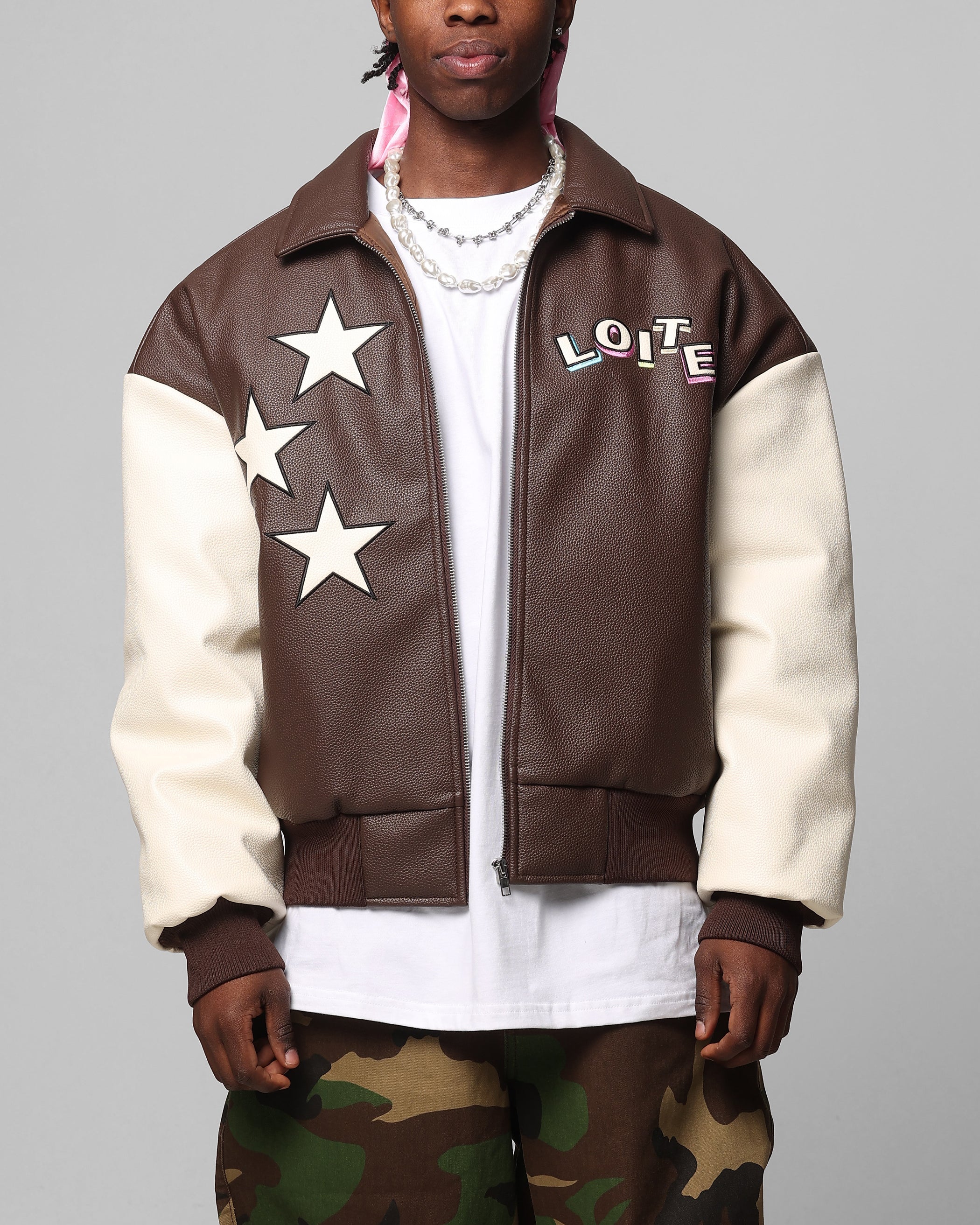 Loiter Solar Vegan Leather Varsity Jacket Brown/Beige - Image 2