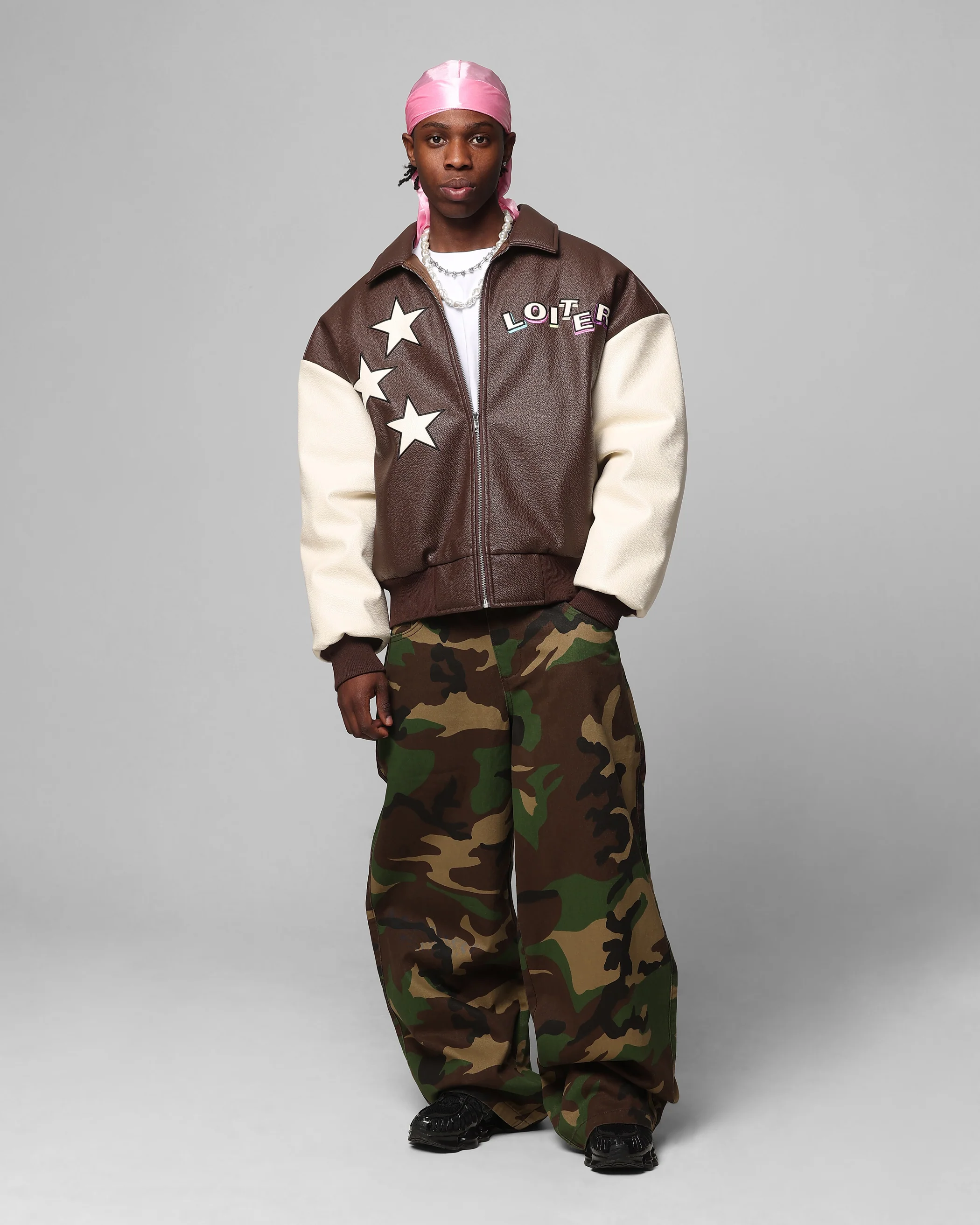 Loiter Solar Vegan Leather Varsity Jacket Brown/Beige - Image 3