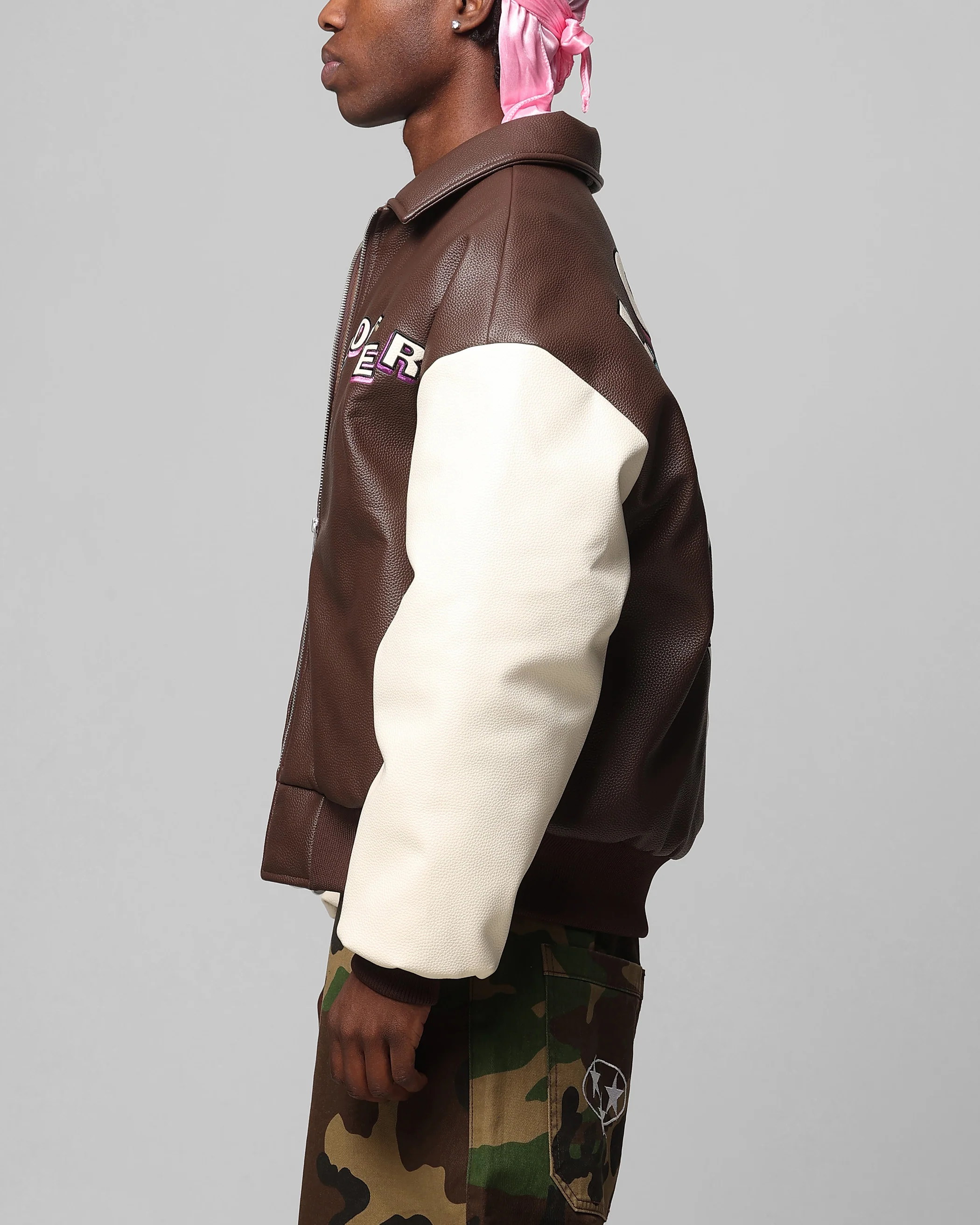 Loiter Solar Vegan Leather Varsity Jacket Brown/Beige - Image 6