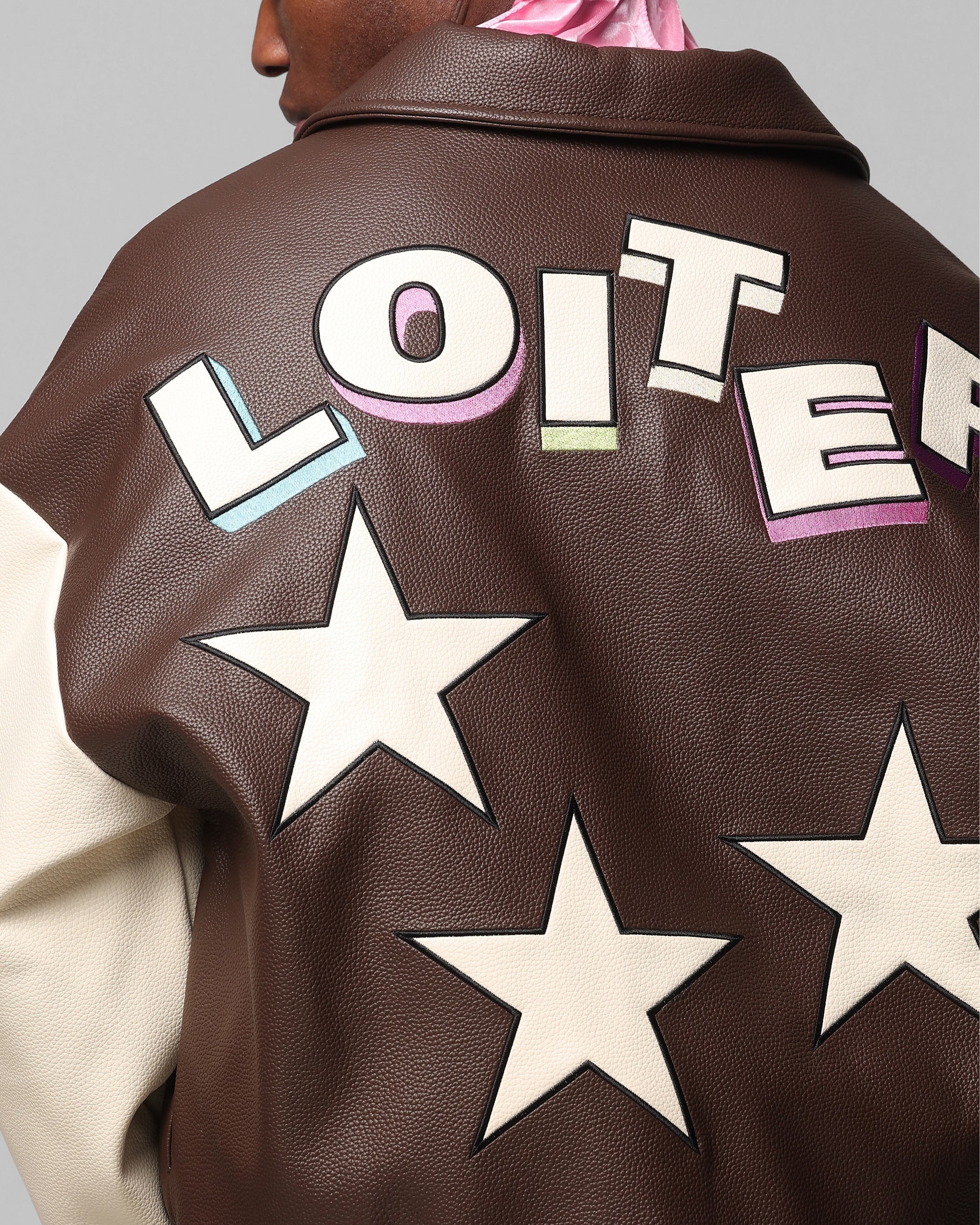 Loiter Solar Vegan Leather Varsity Jacket Brown/Beige - Image 8