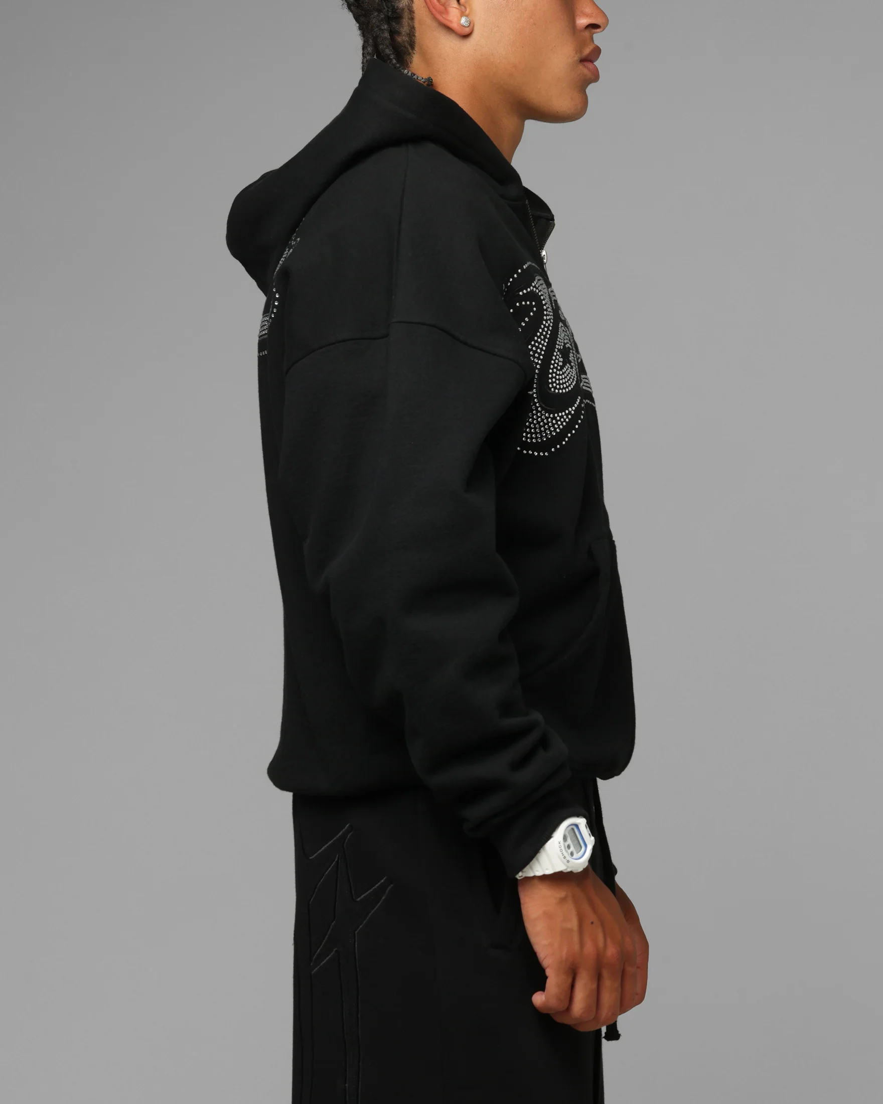 Loiter Silicone Rhinestone Zip Hoodie Black - Image 5