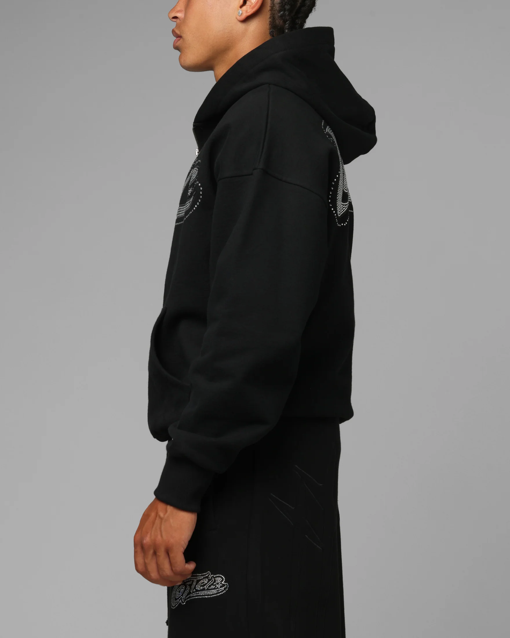 Loiter Silicone Rhinestone Zip Hoodie Black - Image 6