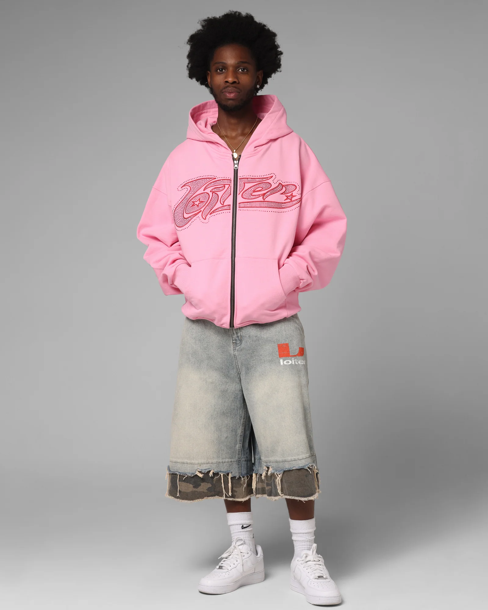 Loiter Silicone Rhinestone Zip Hoodie Pink - Image 3