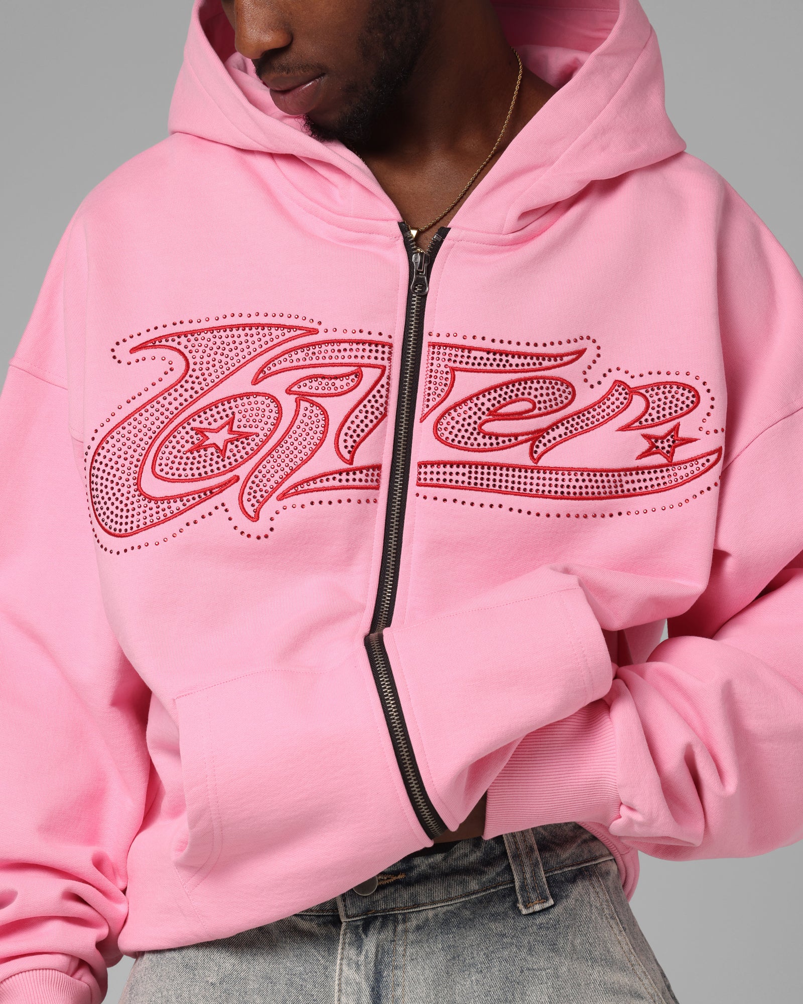 Loiter Silicone Rhinestone Zip Hoodie Pink - Image 7