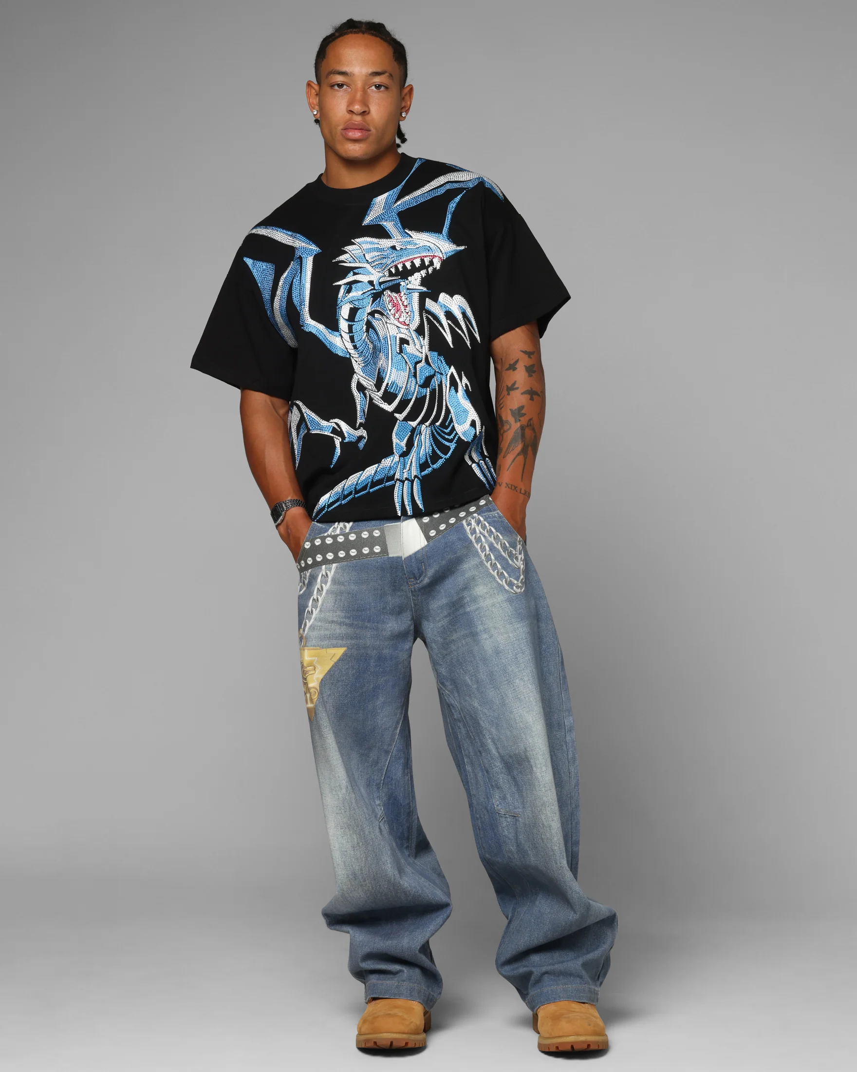 Loiter X Yu-Gi-Oh! Blue Eyes White Dragon Rhinestone T-Shirt Black - Image 3
