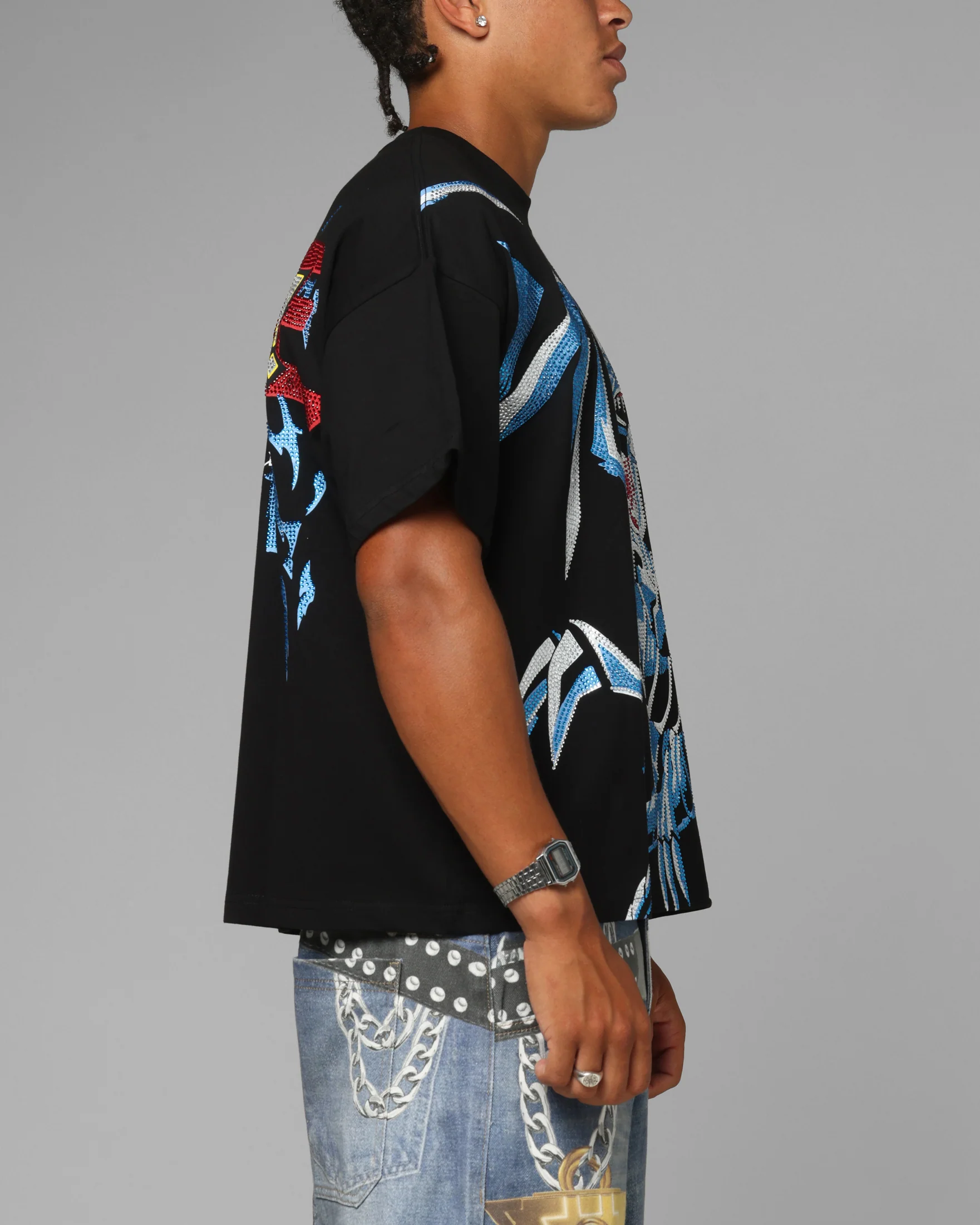 Loiter X Yu-Gi-Oh! Blue Eyes White Dragon Rhinestone T-Shirt Black - Image 5