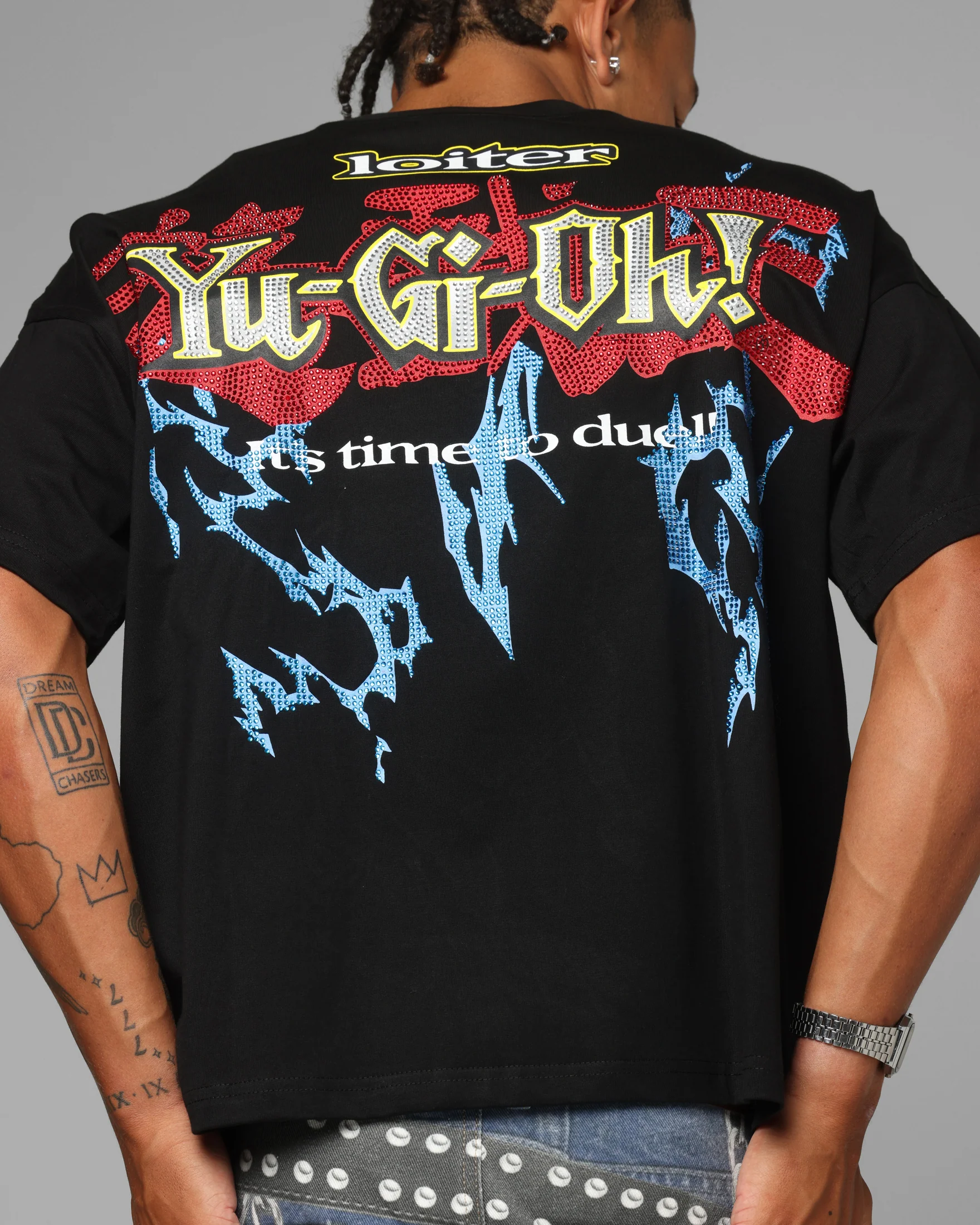 Loiter X Yu-Gi-Oh! Blue Eyes White Dragon Rhinestone T-Shirt Black - Image 8