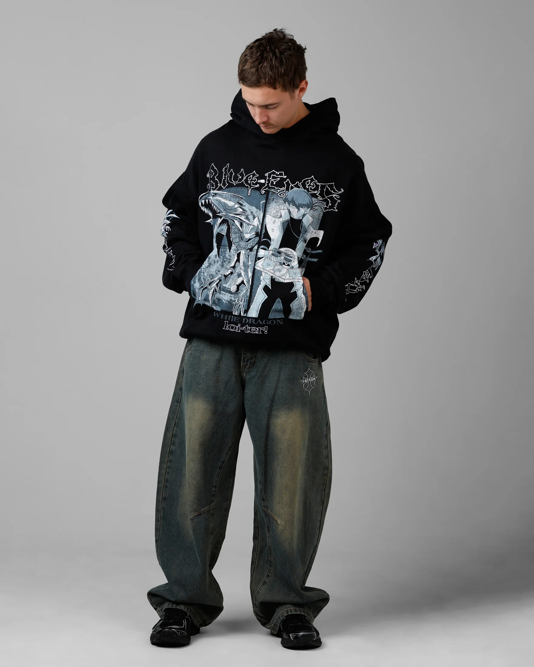 Loiter X Yu-Gi-Oh! Kaiba Blue Eyes Hoodie Black - Image 3
