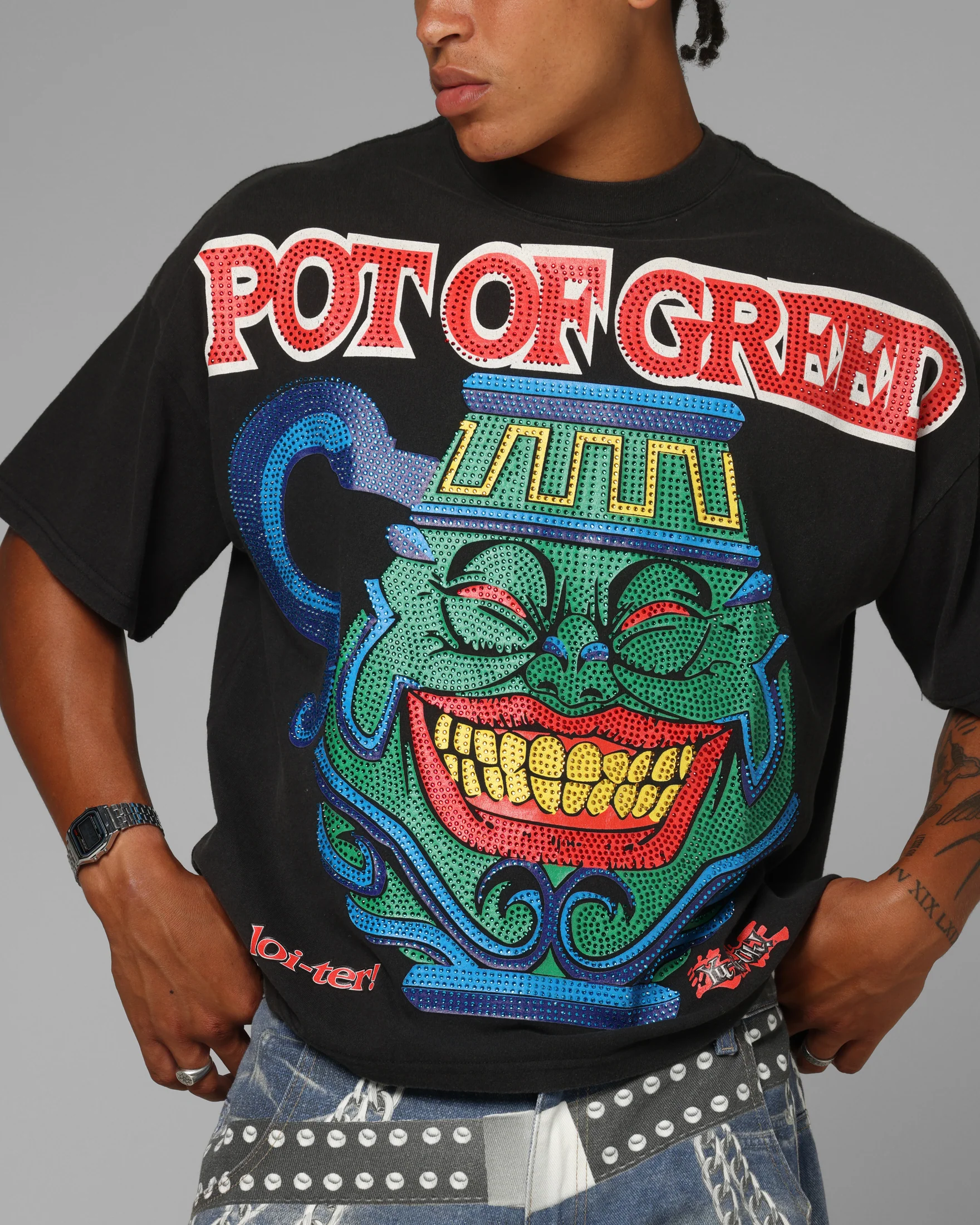 Loiter X Yu-Gi-Oh! Pot Of Greed Rhinestone T-Shirt Vintage Black - Image 7
